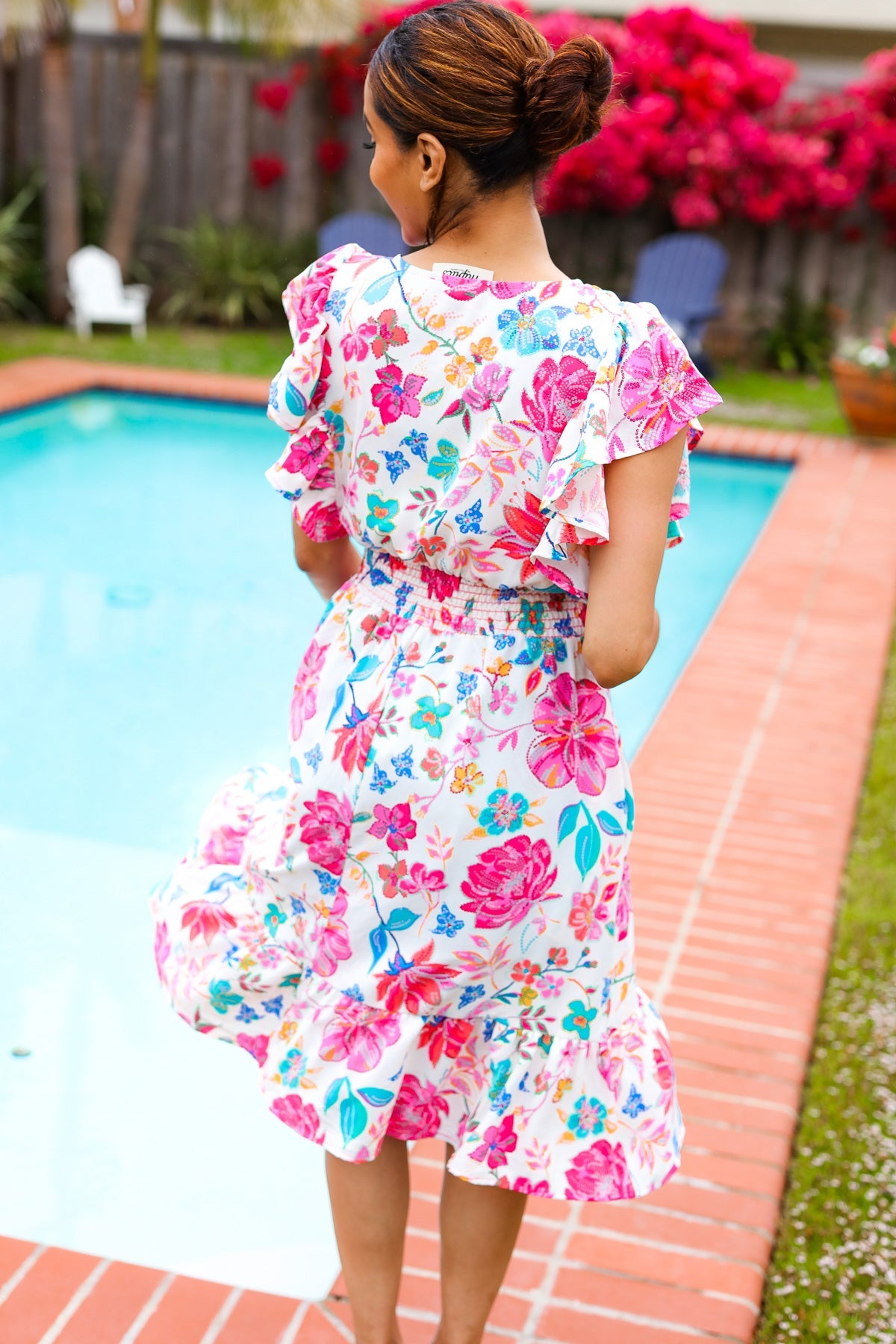 Hello Beautiful Ivory & Fuchsia Floral Sequin Smock Waist Midi Dress