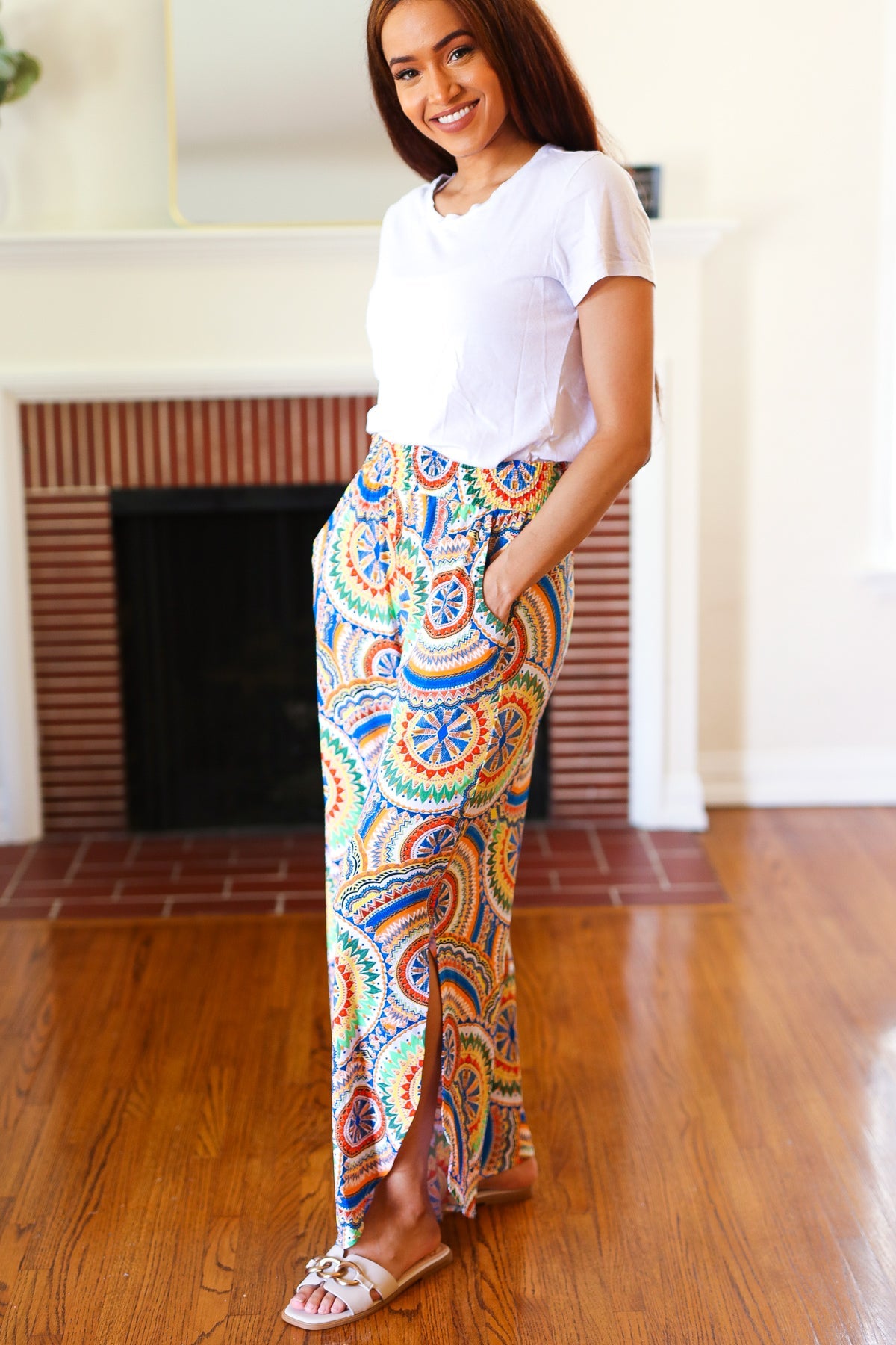 Multicolor Mandala Smocked Waist Side Slit Palazzo Pants