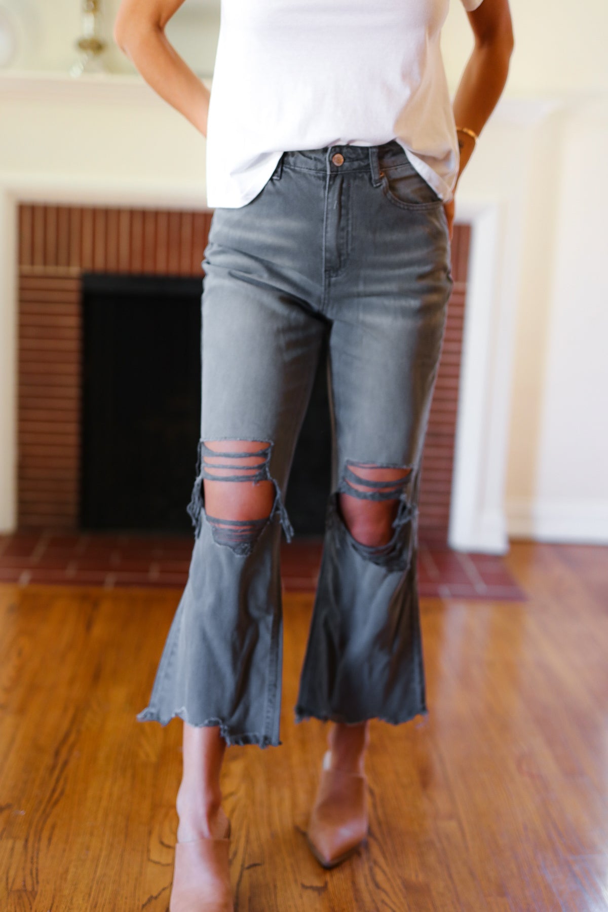 Cut Loose Ash Black High Rise Washed Distressed Cropped Pants