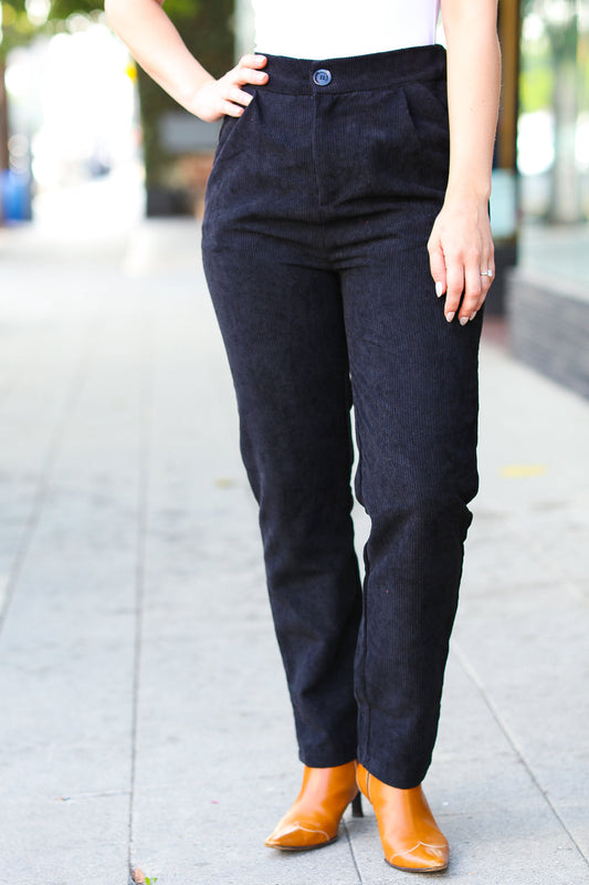 Going Your Way Black Corduroy High Rise Tapered Leg Pants