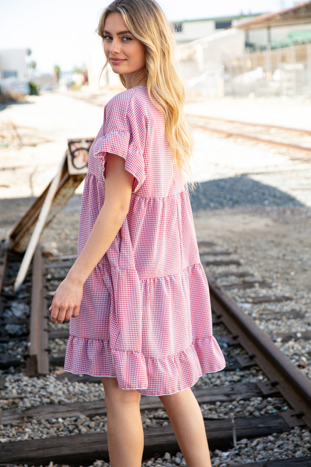 Red Ruffle Tiered Gingham Cotton Pocketed Dress