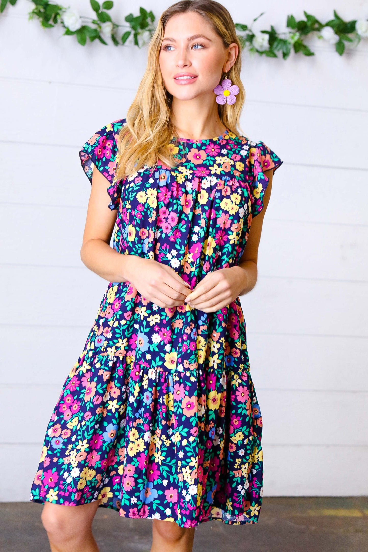 Navy Flat Floral Woven Poplin Ruffle Frill Sleeve Dress