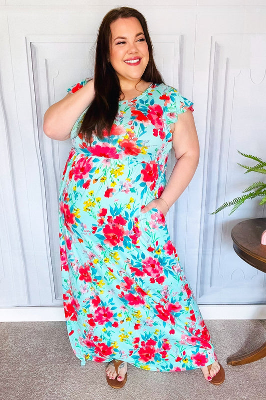 What A Vision Aqua Floral Fit & Flare Maxi Dress