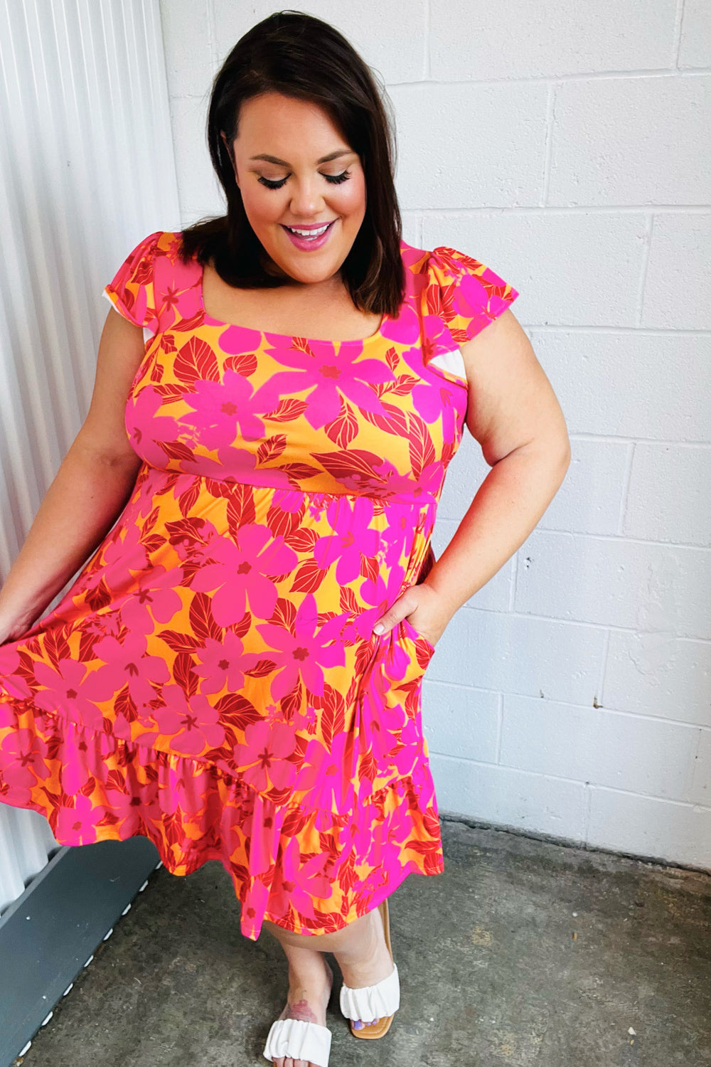 Fuchsia & Orange Tropical Floral Square Neck Dress