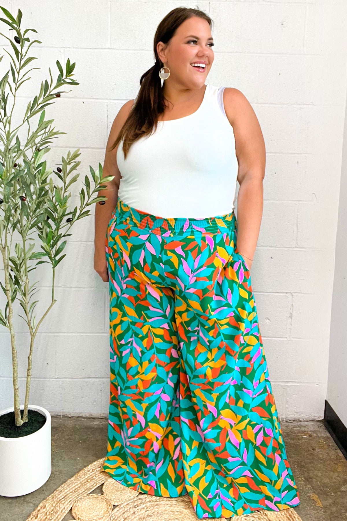 Summer Vibes Green & Orange Abstract Print Smocked Palazzo Pants