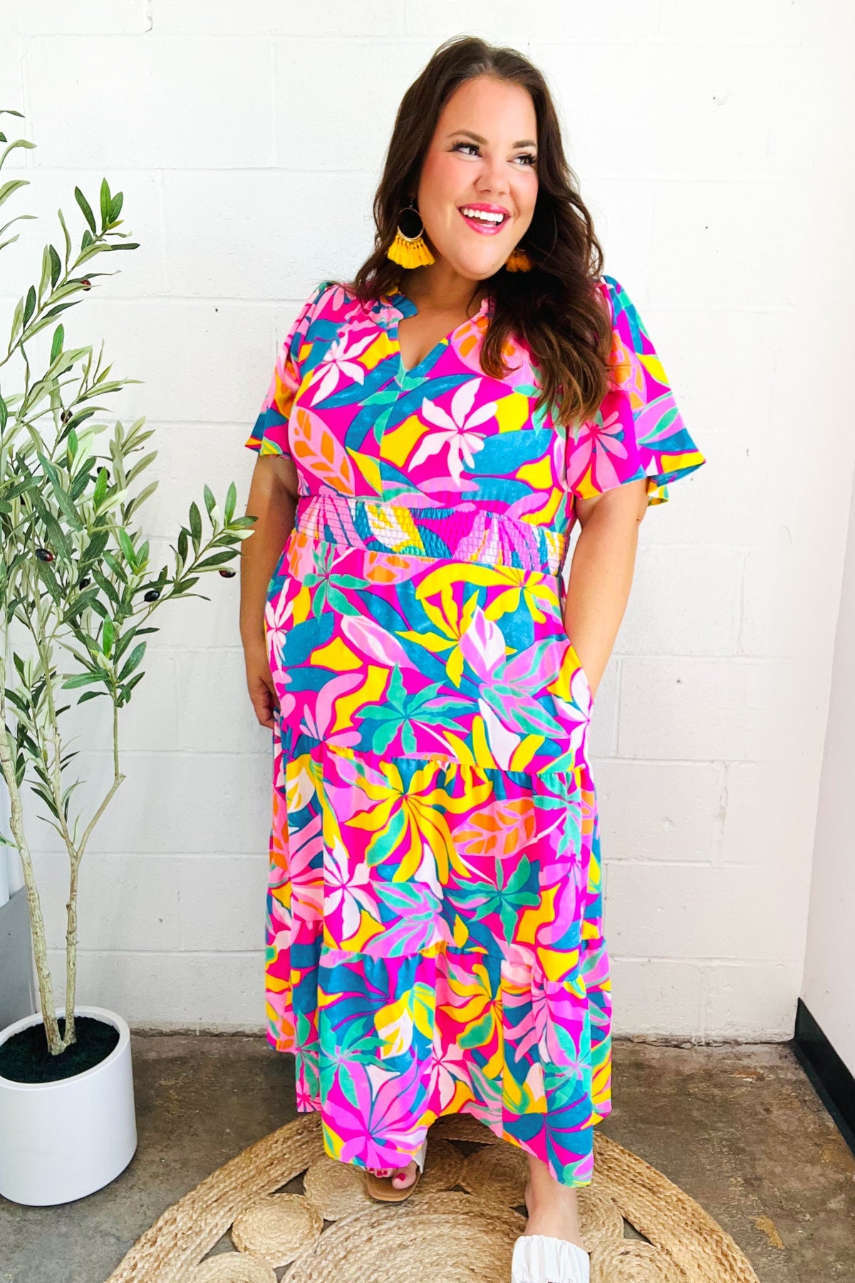 Tropical Trance Fuchsia Floral Smocked Waist Maxi Dress