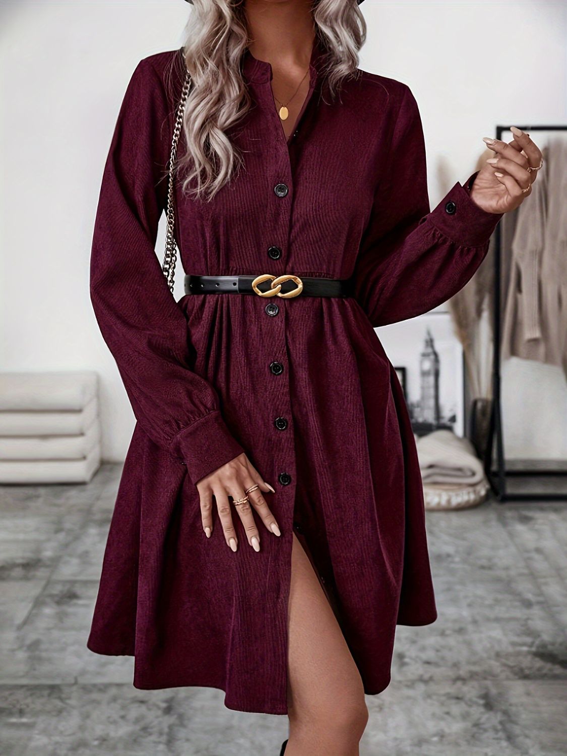 Ruched Button Up Long Sleeve Dress